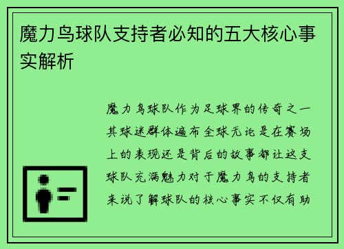 魔力鸟球队支持者必知的五大核心事实解析